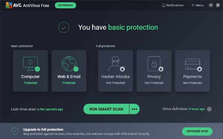 Le meilleur logiciel antivirus gratuit pour 2024 5 Capture d'écran de l'application AVG AntiVirus Free montrant le niveau de protection actuel.