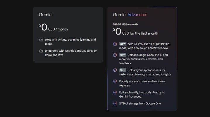 Google Gemini Avancé : ce que c'est et comment l'utiliser 3 A screenshot of Gemini Advanced's offerings.