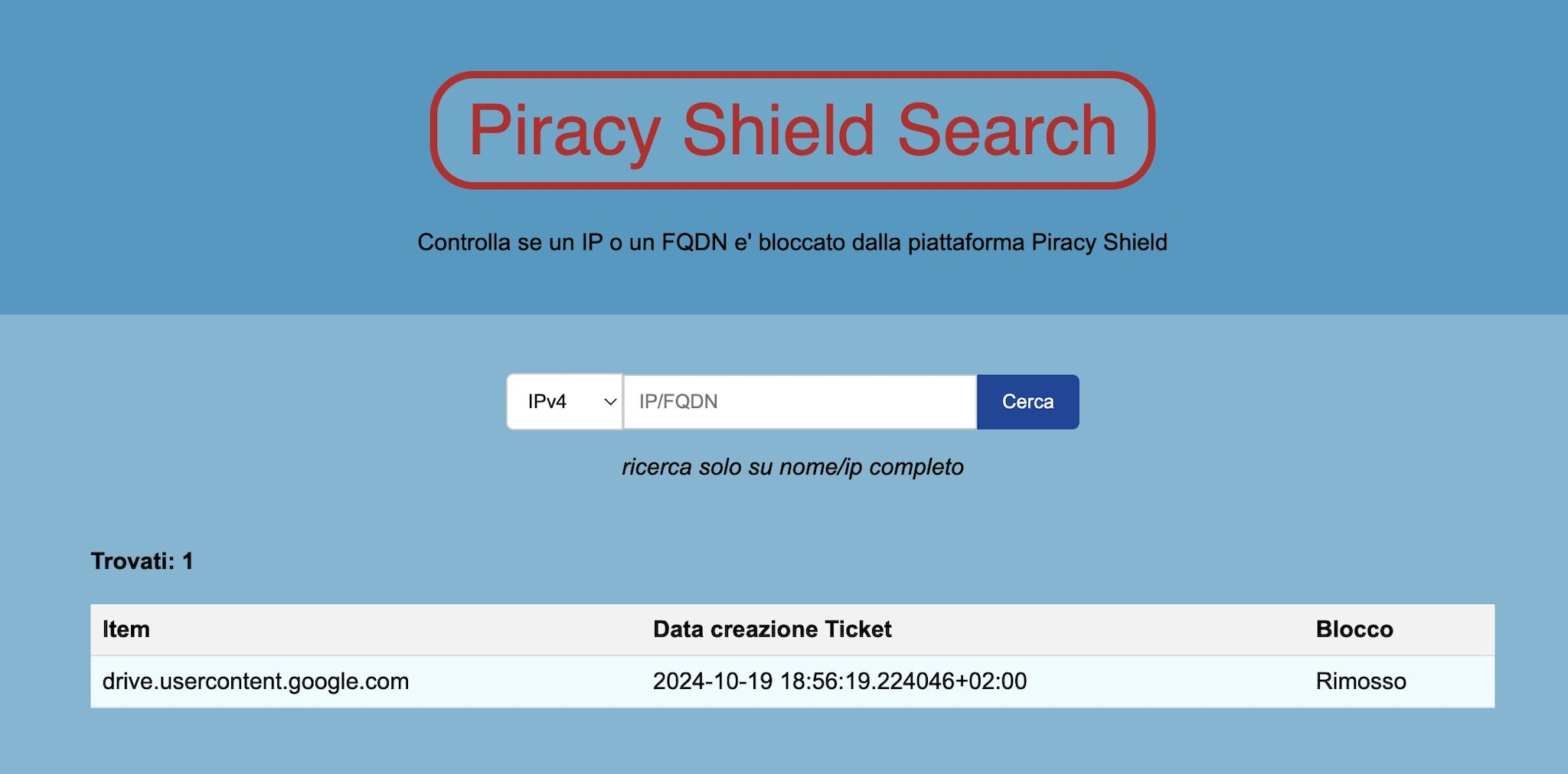 Accès bloqué à Google Drive : selon Piracy Shield, c'est un site qui diffuse des matchs de Serie A 3 PIRACY SHIELD SEARCH | Le blocage signalé par le portail de recherche