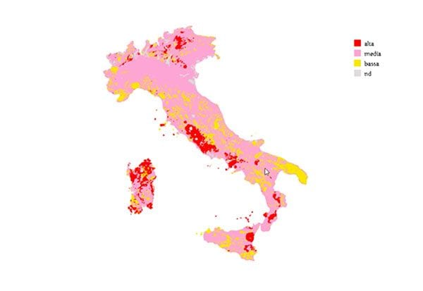 Découverte d'une association entre le radon et la leucémie chez les enfants : les régions italiennes où il est le plus présent 3 La carte des risques du radon en Italie. Crédit: Ministère de l'Environnement et de la Sécurité Énergétique (MASE)