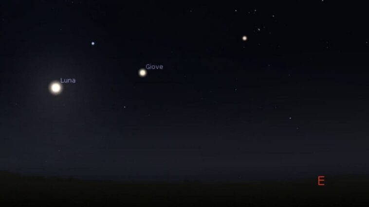 La Lune et Jupiter duettent dans le ciel d'aujourd'hui 21 octobre : à quelle heure les voir à l'œil nu 1 Conjonction Lune Jupiter du 21 octobre 2024. Crédit : Stellarium