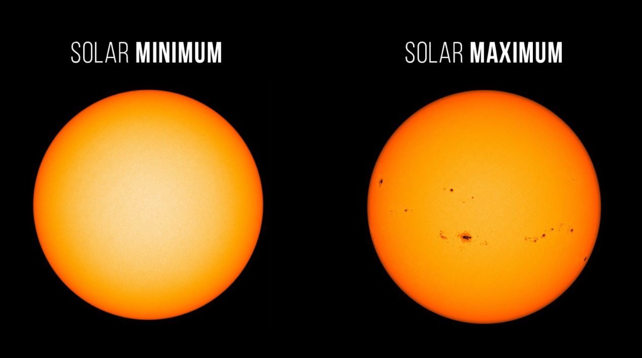 Le Soleil a officiellement atteint le maximum solaire, NASA : "Cela peut durer jusqu'en 2025" 3 Minimum et maximum solaire en comparaison. Crédit : NASA/SDO
