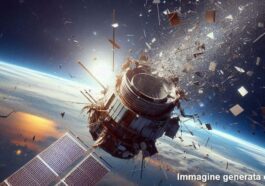 Illustrazione di un satellite distrutto. Immagine generata con l'IA