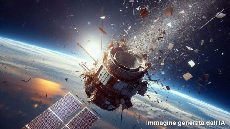 Mystère dans l'espace, satellite Intelsat 33e détruit dans des circonstances floues : dysfonctionnements étendus 1 Illustrazione di un satellite distrutto. Immagine generata con l'IA