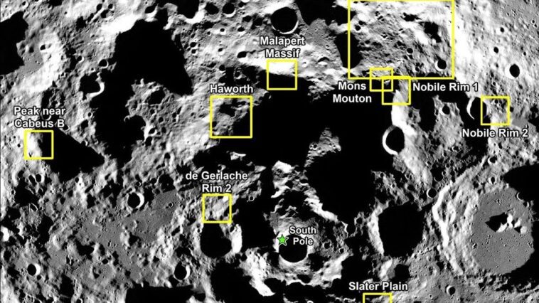 Où les astronautes poseront-ils le pied sur la Lune ? La NASA dévoile les nouveaux sites d'alunissage d'Artemis 3 1 Les sites possibles pour le débarquement des astronautes de la mission Artemis 3 de la NASA | Dans les encadrés jaunes, les neuf régions identifiées, à l'intérieur desquelles se trouvent plusieurs sites potentiels pour le premier atterrissage lunaire après plus de 50 ans depuis la fin du programme Apollo / Crédit : NASA