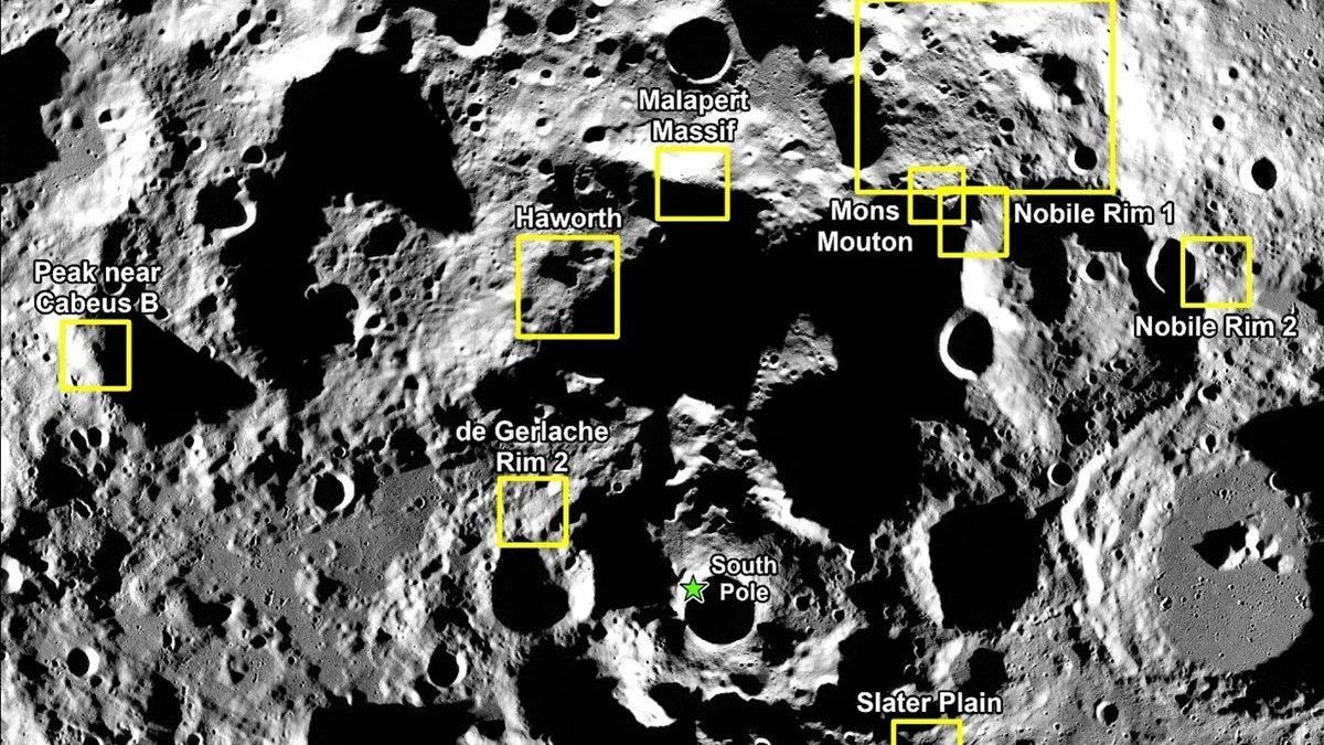 Où les astronautes poseront-ils le pied sur la Lune ? La NASA dévoile les nouveaux sites d'alunissage d'Artemis 3 2 Les sites possibles pour le débarquement des astronautes de la mission Artemis 3 de la NASA | Dans les encadrés jaunes, les neuf régions identifiées, à l'intérieur desquelles se trouvent plusieurs sites potentiels pour le premier atterrissage lunaire après plus de 50 ans depuis la fin du programme Apollo / Crédit : NASA
