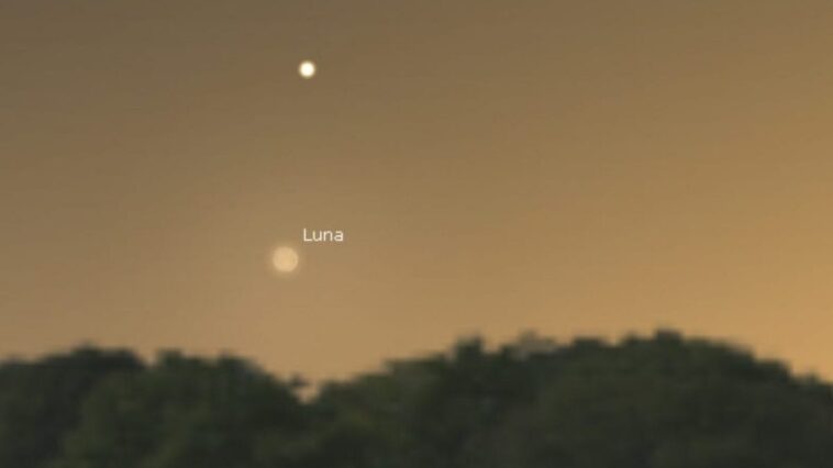 Qu'est-ce que cet astre merveilleux qui brille près de la croissant de Lune ce soir 1 Simulazione della congiunzione astrale del 5 ottobre 2024. Credit: Stellarium