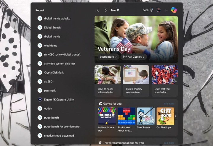 Historique des recherches dans la recherche Windows.