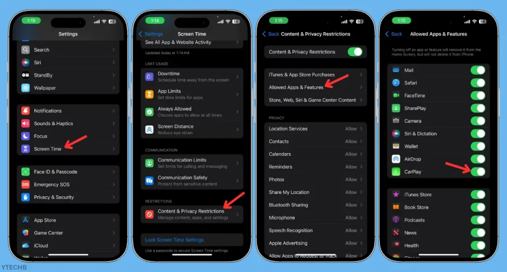 Comment résoudre le problème de chargement de votre iPhone sans que CarPlay ne fonctionne ? 4 Activer l'option CarPlay dans les réglages de restrictions de contenu et de confidentialité