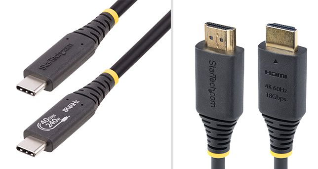 Deux types de câbles StarTech.com avec des étiquettes imprimées sur les prises.