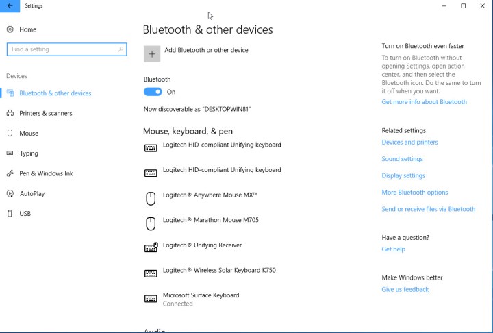 Menu des paramètres de Windows 10.