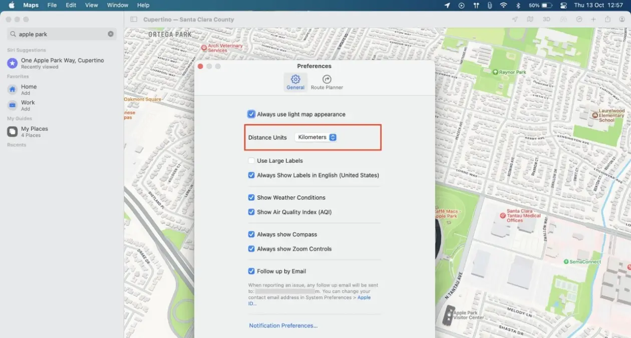 Apple Maps anciens MacBooks avec ancienne version de macOS changement de kilomètres à miles