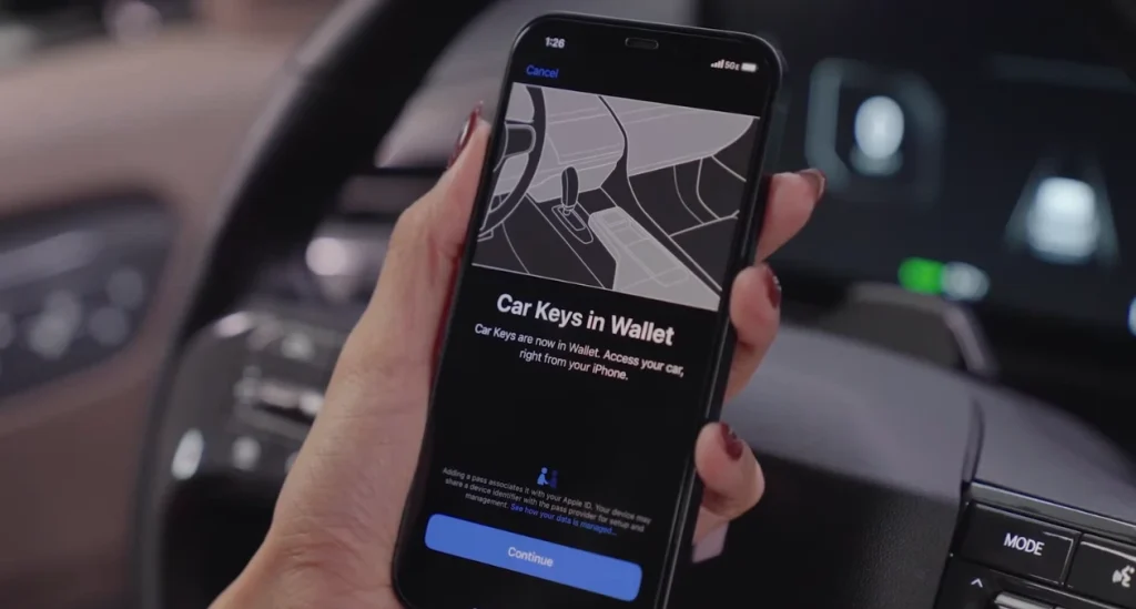 Appuyez sur Continuer sur la page Clés de voiture dans Wallet