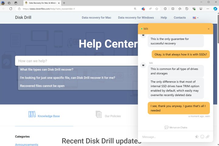 Disk Drill contre DMDE : quelle est la meilleure application de récupération de données sans abonnement ? 6 Disk Drill Pro propose un support par chat en direct.