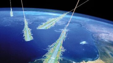 Illustrazione dei raggi cosmici che colpiscono la Terra: nell'interazione con l'atmosfera terrestre generano sciami di particelle cariche / Credit Simon Swordy (U. Chicago), NASA