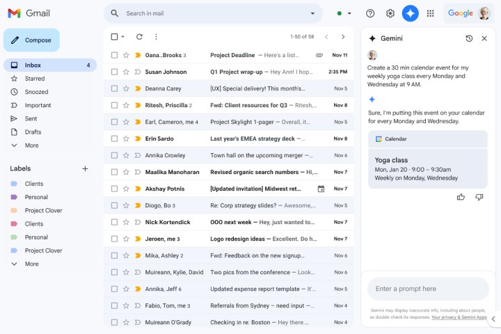 Google renforce Gmail et Docs avec des superpouvoirs Gemini révolutionnaires 2 Utilisation de Gemini pour accéder au calendrier dans le panneau latéral de Gemini.