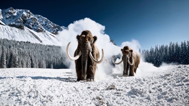 La fuite de Sora d'OpenAI : un acte de défi face aux accusations de « blanchiment artistique » 2 Une image générée par une IA représentant deux mammouths marchant dans la neige, avec des montagnes et une forêt en arrière-plan.