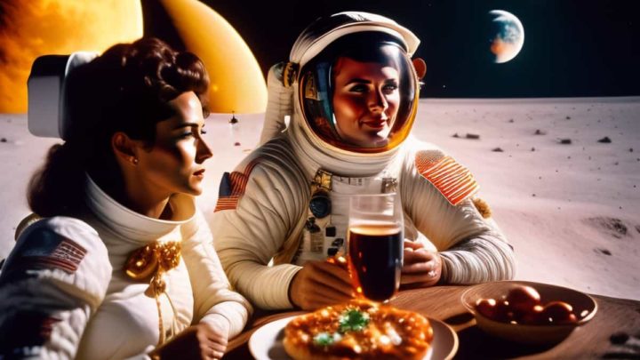 La nourriture a un goût différent dans l'espace : le confinement en serait la principale raison 3 Astronautes avec banquet dans l'espace (illustration)
