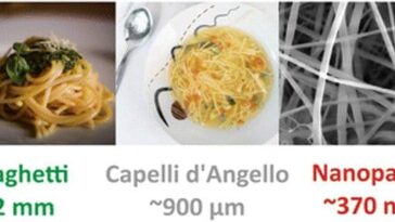 Les spaghetti, spaghettini, cheveux d'ange et spaghettoni se distinguent par l'épaisseur allant d'environ 2 millimètres pour les formats les plus épais aux 900 micromètres des cheveux d'ange. Cependant, une équipe de chimistes de l'UCL a créé un format de spaghetti nettement plus fin, mesurant seulement 370 nanomètres de diamètre / Crédits UCL