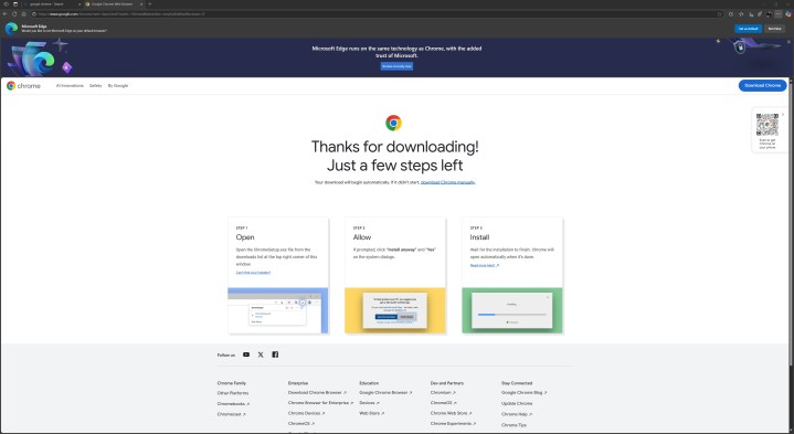 Microsoft tente encore une fois d'imposer l'utilisation d'Edge aux utilisateurs 2 Une annonce pour télécharger Edge à la place de Chrome.