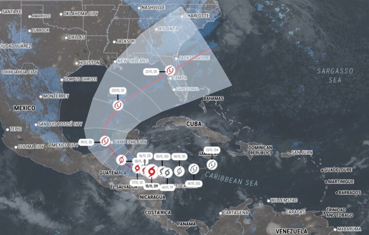 Qu'est-ce que la tempête tropicale Sara, sa formation dans les Caraïbes et les potentiels impacts dévastateurs en Amérique Centrale 1 Les prévisions sur le parcours de la tempête tropicale Sara / Accuweather.com