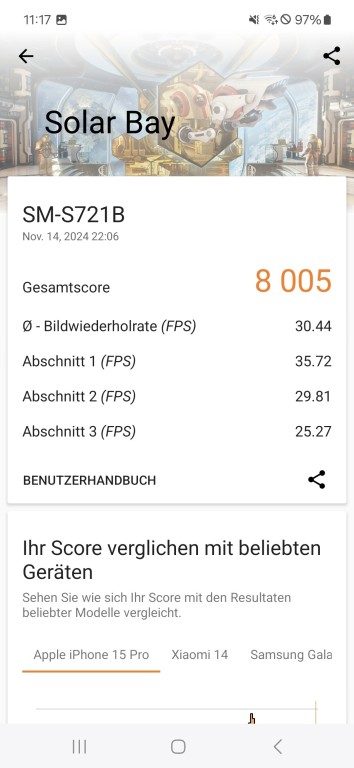 Galaxy A55 vs. S24 FE : Comparatif, qui offre le meilleur rapport qualité-prix ? 6 Résultat du Galaxy S24 FE dans 3D Mark. (Capture d'écran)