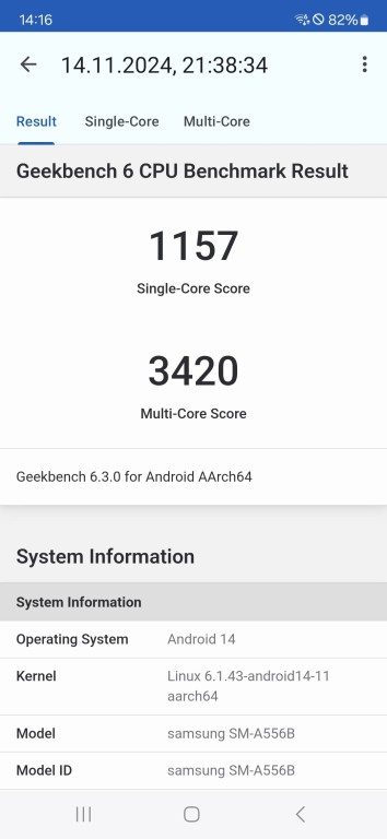 Galaxy A55 vs. S24 FE : Comparatif, qui offre le meilleur rapport qualité-prix ? 5 Résultat du Galaxy A55 dans Geekbench. (Capture d'écran)