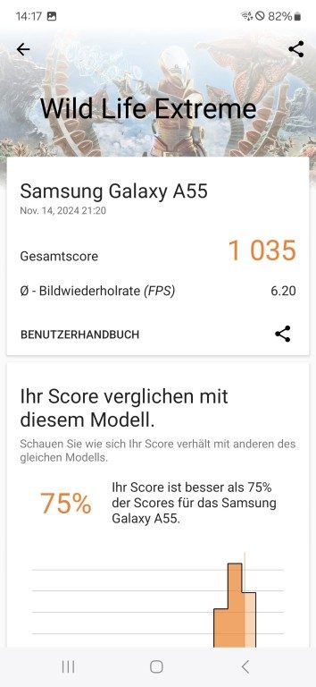 Galaxy A55 vs. S24 FE : Comparatif, qui offre le meilleur rapport qualité-prix ? 7 Résultat du Galaxy A55 dans 3DMark. (Capture d'écran)
