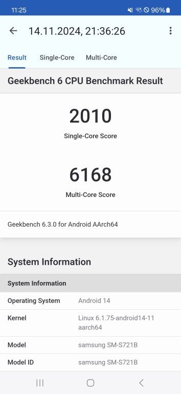 Galaxy A55 vs. S24 FE : Comparatif, qui offre le meilleur rapport qualité-prix ? 4 Résultat du Galaxy S24 FE dans Geekbench 6. (Capture d'écran)