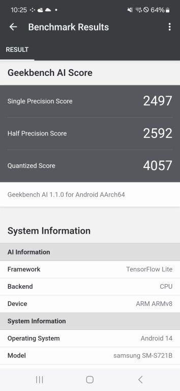 Galaxy A55 vs. S24 FE : Comparatif, qui offre le meilleur rapport qualité-prix ? 9 Résultat du Galaxy S24 FE dans Geekbench AI (Capture d'écran)