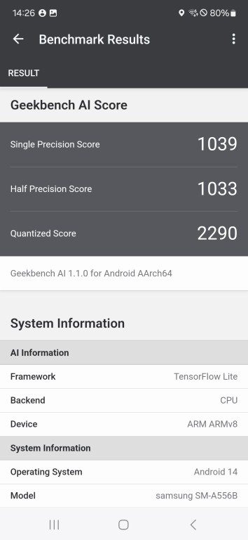 Galaxy A55 vs. S24 FE : Comparatif, qui offre le meilleur rapport qualité-prix ? 10 Résultat du Galaxy A55 dans AI Geekbench. (Capture d'écran)