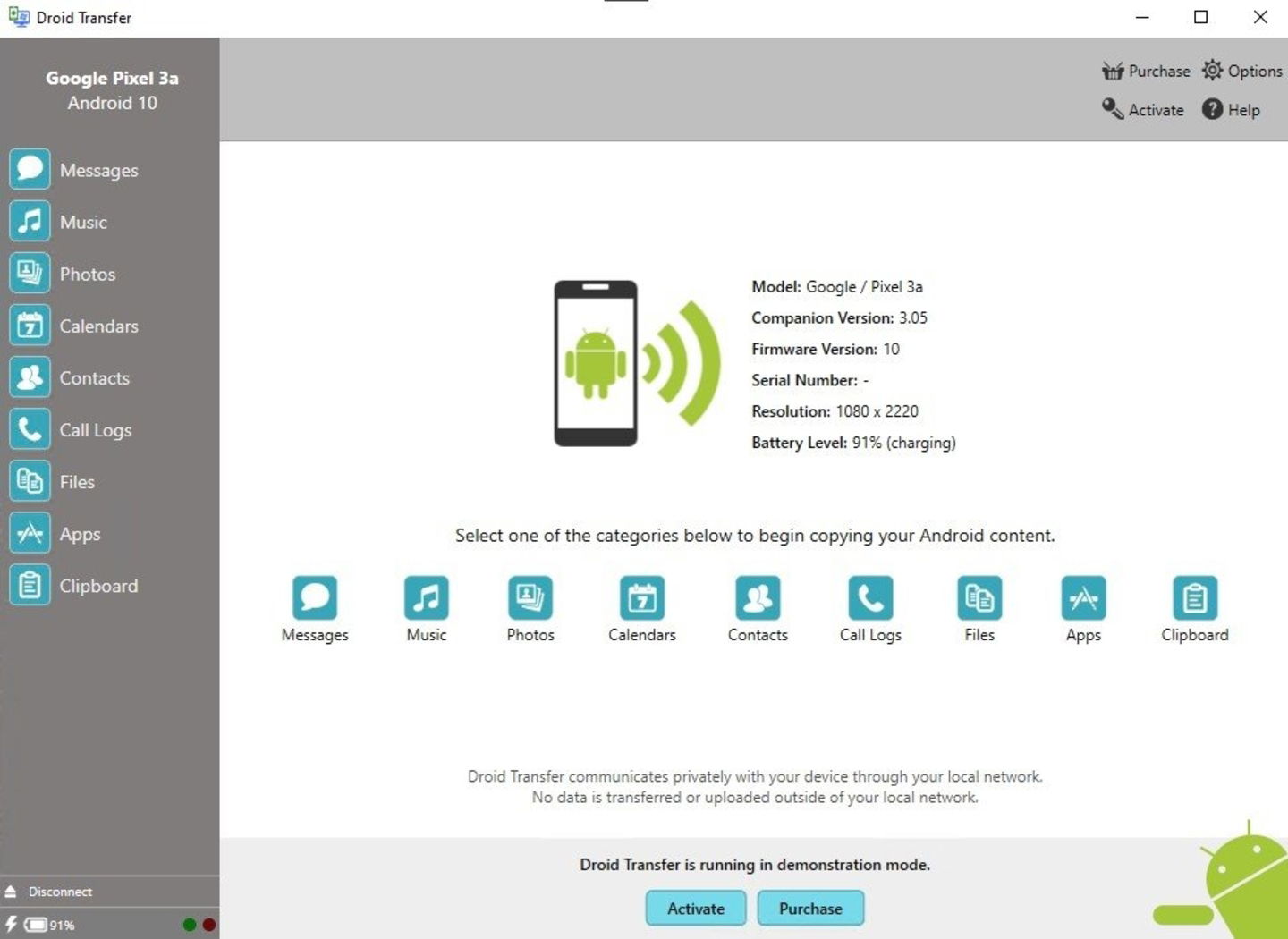 Droid Transfer vous permet de faire une copie manuelle de vos messages SMS