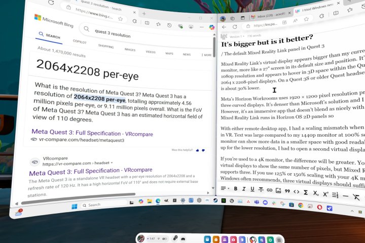 Les PC Windows sont maintenant compatibles avec le Quest 3, et j'ai testé ça pour vous ! 3 Le mode cinématique de Meta Quest donne à Mixed Reality Link un écran incurvé géant.