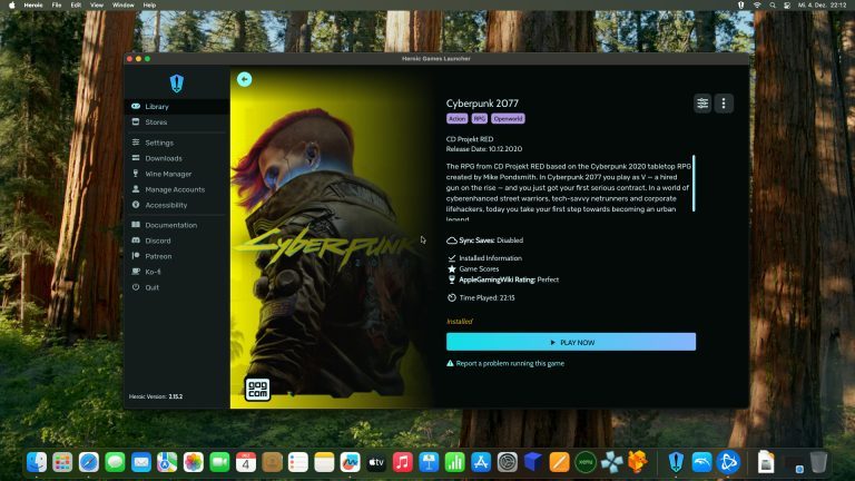 Comment jouer à tes jeux Windows sur Mac (Guide) 13 11 Cyberpunk 2077 sous Heroic Launcher sur Mac mini M4