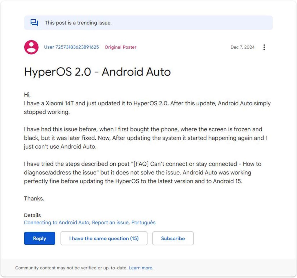 La mise à jour d'HyperOS 2.0 rend l'Android Auto inutilisable sur les appareils Xiaomi 3 Android Auto Xiaomi HyperOS 2.0 mise à jour