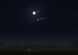 Simulazione della congiunzione astrale di oggi 8 dicembre 2024 tra la Luna e Saturno. Credit: Stellarium