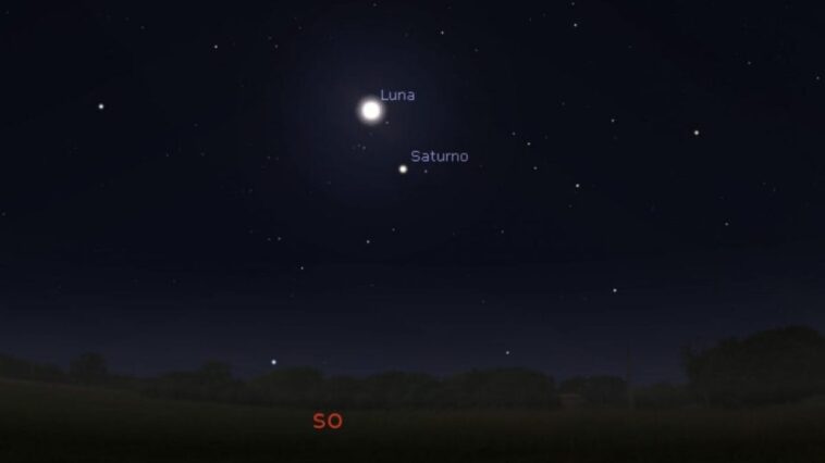 Le dernier baiser de l'année entre la Lune et Saturne est aujourd'hui, jour de l'Immaculée : à quelle heure l'admirer ? 1 Simulazione della congiunzione astrale di oggi 8 dicembre 2024 tra la Luna e Saturno. Credit: Stellarium
