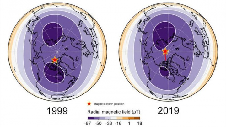 Le pôle Nord magnétique se déplace à travers l'Arctique vers la Sibérie 4 Image indiquant le mouvement du pôle Nord magnétique