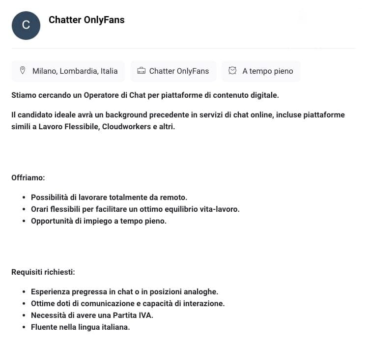 Les confessions d'un chatter d'OnlyFans : "Tout est fake, les modèles ne parlent pas avec vous. J'ai craqué" 3 FANPAGE.IT | Une offre d'emploi pour devenir chatter d'OnlyFans