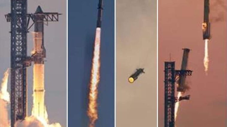 Pourquoi les explosions soniques du fusée la plus puissante jamais construite inquiètent les scientifiques 1 Da sinistra, le fasi di lancio, ascesa, caduta libera e cattura del razzo Super Heavy di Starship / Credit Space X