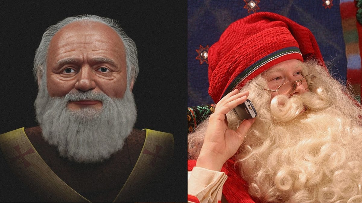 Redécouvrez le véritable visage du Père Noël : celui de Saint Nicolas, l'inspirateur de Santa Claus 2 À gauche, la reconstitution du visage de San Nicola, d'où dérive la figure de Babbo Natale. Crédit : Cicero Moraes. À droite, un homme déguisé en Babbo Natale