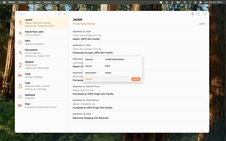 Adding a new delivery to the Parcel app for Mac