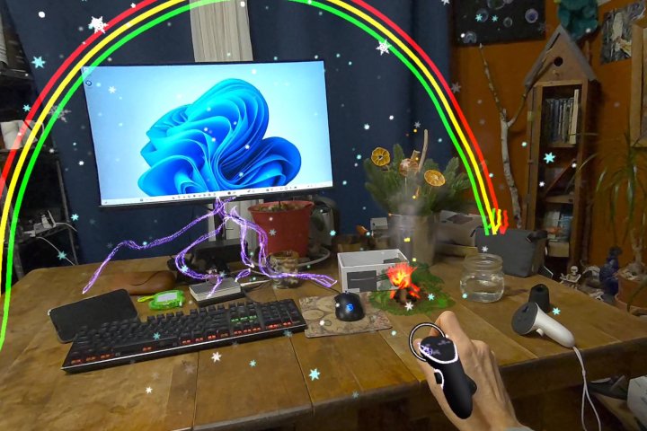 J'ai testé trois nouveaux gadgets VR qui rendent le Quest 3 et 3S encore plus impressionnants 7 When I use Logitech's MX Ink with OpenBrush, I can paint in midair.
