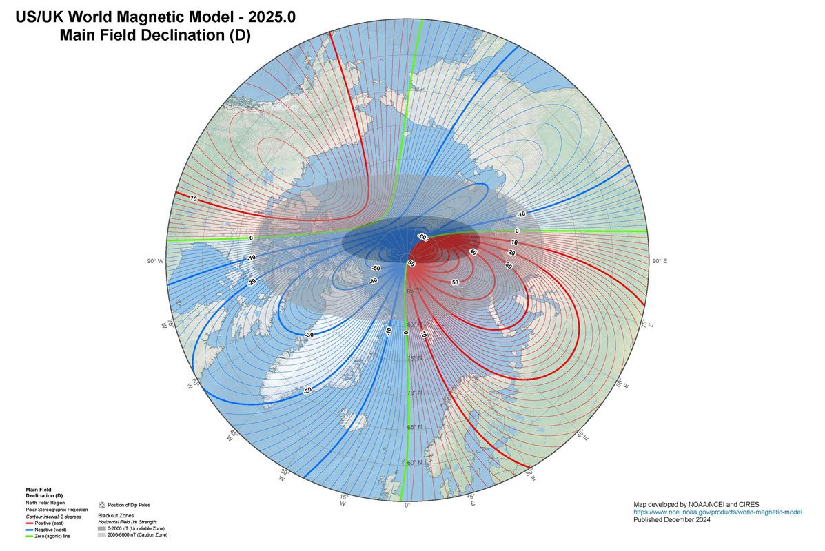 La déclinaison magnétique, soit l'angle entre le Pôle Nord magnétique et géographique, selon le Modèle Magnétique Mondial publié en 2025 / Crédit : NOAA NCEI