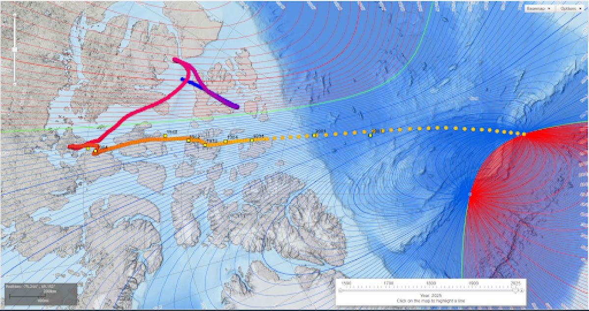 Le déplacement du Pôle Nord magnétique observé entre 1831 et 2007 / Crédit : NCEI