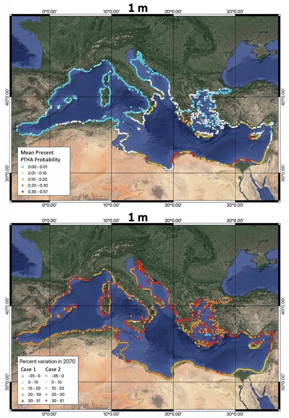 Des tsunamis plus dévastateurs dans le Méditerranée à cause de la crise climatique : l'étude de l'INGV 3 Comparaison entre le risque actuel et celui prévu en 2070. Crédit : INGV