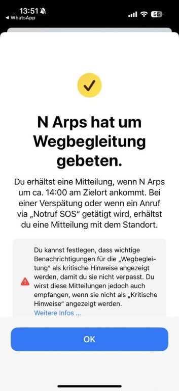 Découvrez comment fonctionne la nouvelle fonctionnalité iOS "Accompagnement" 7 Heimwegbegleitung Anfrage