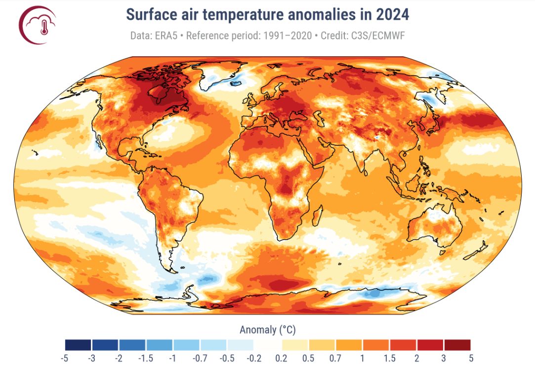 L'année 2024 était la plus chaude, franchissant la limite de 1,5 °C par rapport aux niveaux préindustriels : les données de Copernicus montrent la réalité alarmante 2 Les anomalies exprimées en degrés Celsius des températures de l'air enregistrées en 2024 par rapport à la période 1991-2020 / Crédit : C3S/ECMWF
