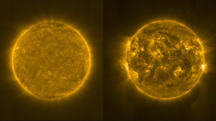 Le 27 janvier, des taches ont disparu du Soleil pour la première fois depuis des années : que se passe-t-il ? 1 À gauche le soleil en février 2021, à droite en octobre 2023. Crédit : ESA & NASA/Solar Orbiter/EUI Team