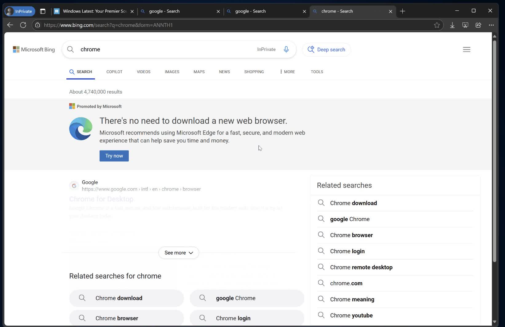 Les résultats de recherche Bing dans Edge masquent les liens Chrome pour favoriser le navigateur Microsoft 2 Les resultats de recherche Bing dans Edge masquent les liens